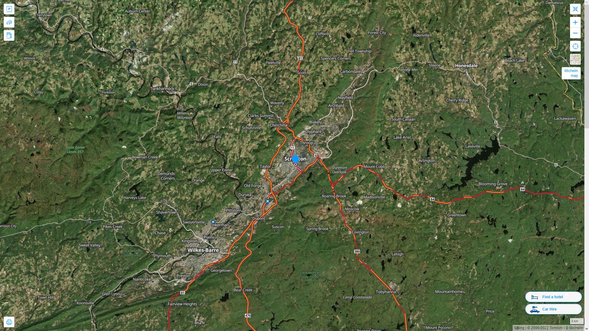 Scranton Pennsylvania Highway and Road Map with Satellite View